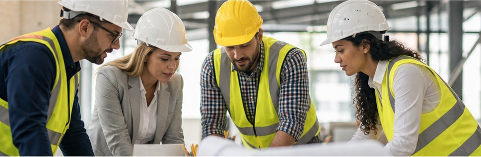 Construction professionals reviewing site paperwork and payroll details