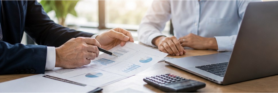 Payroll adviser reviewing CIS reports and construction payroll documents