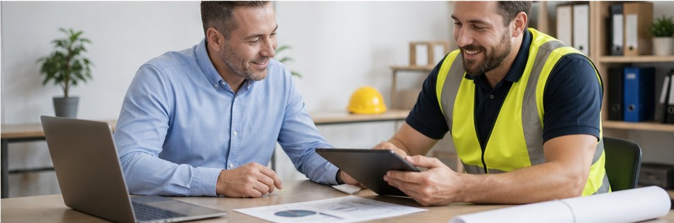 Payroll specialist onboarding a construction contractor with a tablet